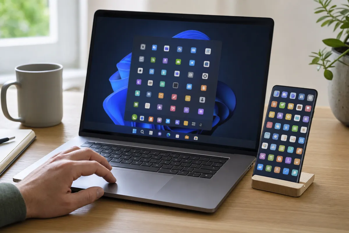 Laptop e smartphone con schermate piene di icone di app su una scrivania, mano vicino al trackpad