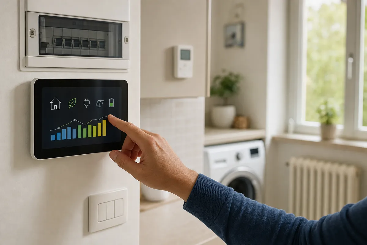 Mano che tocca un pannello di monitoraggio energetico con grafico dei consumi in una casa, con lavatrice sullo sfondo