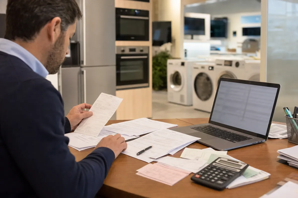 Addetto in negozio di elettrodomestici controlla fatture e moduli su una scrivania con laptop e calcolatrice
