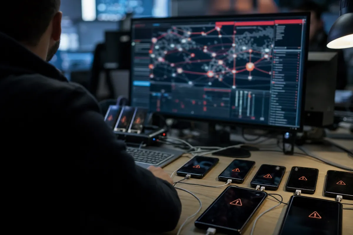 Analista di sicurezza al computer con più smartphone collegati e icone di avviso, davanti a un monitor con mappa di rete