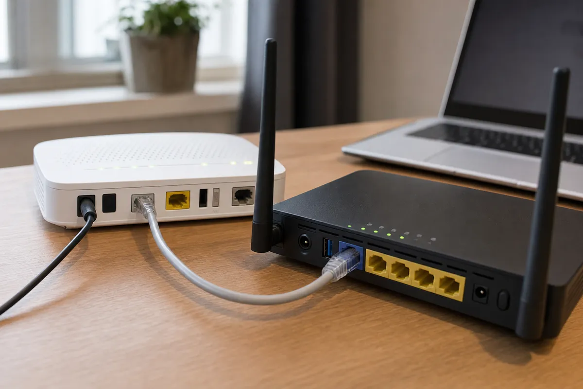 Due router Wi‑Fi collegati con cavo Ethernet su una scrivania, con LED di stato accesi e laptop sfocato sullo sfondo