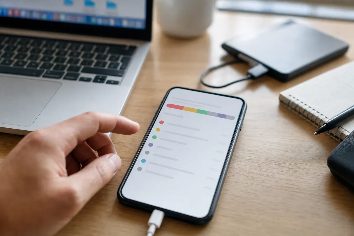 Smartphone collegato al cavo con schermata di gestione memoria e barra di spazio, su scrivania accanto a laptop e hard disk