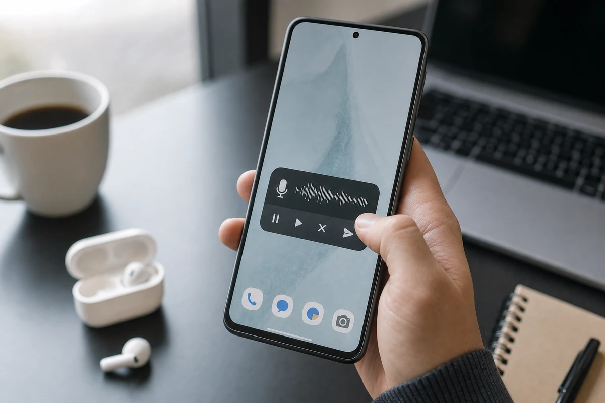 Mano che tiene uno smartphone Android con widget di registrazione vocale e comandi pausa, annulla e invio