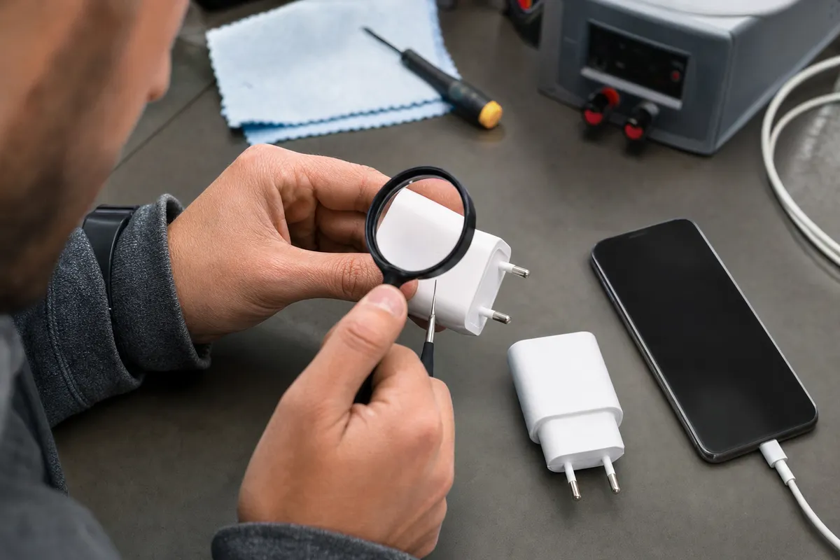 Tecnico controlla un caricabatterie da parete con lente d’ingrandimento, con smartphone e secondo caricatore sul banco