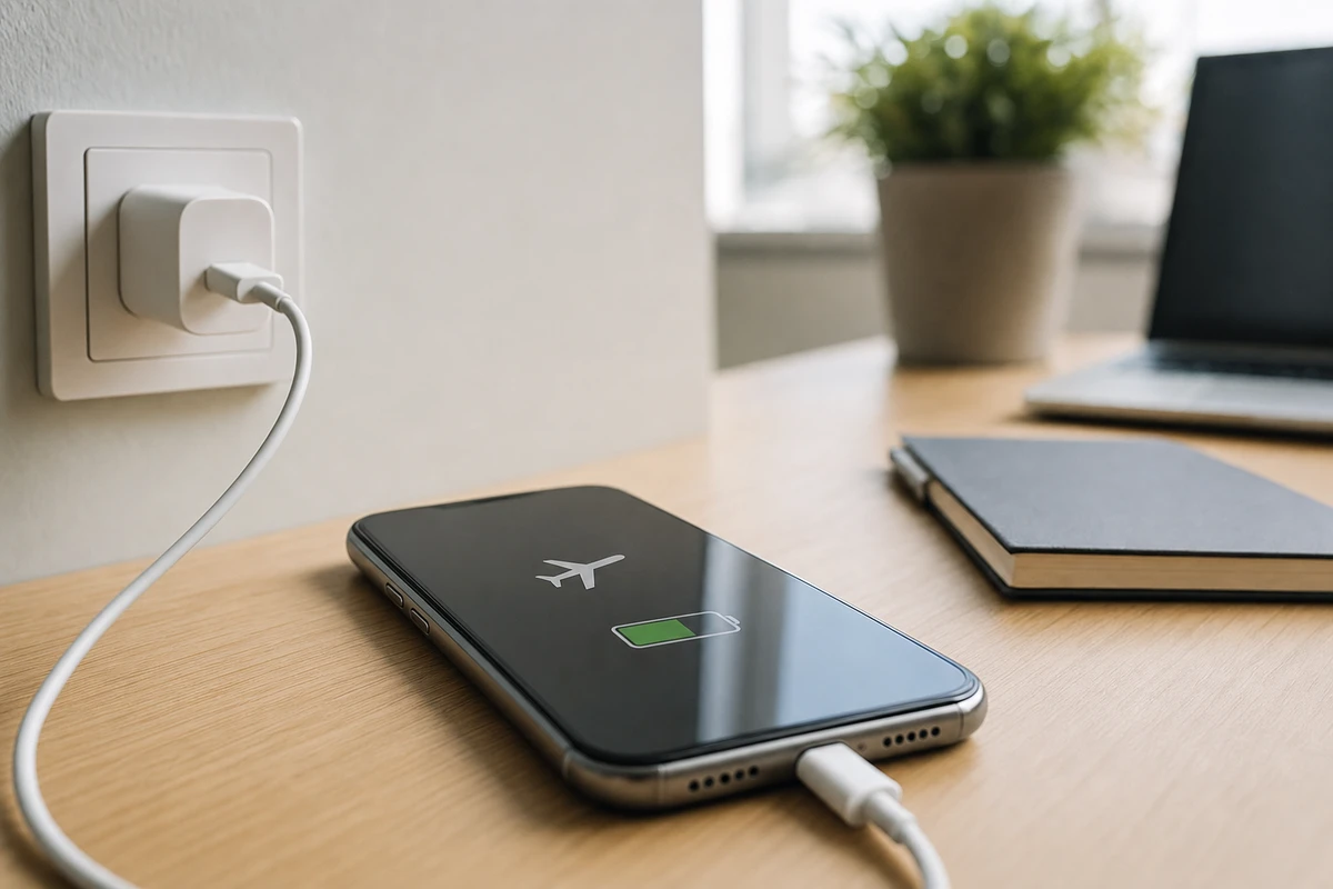Smartphone in carica su scrivania in legno con icona modalità aereo e batteria sullo schermo