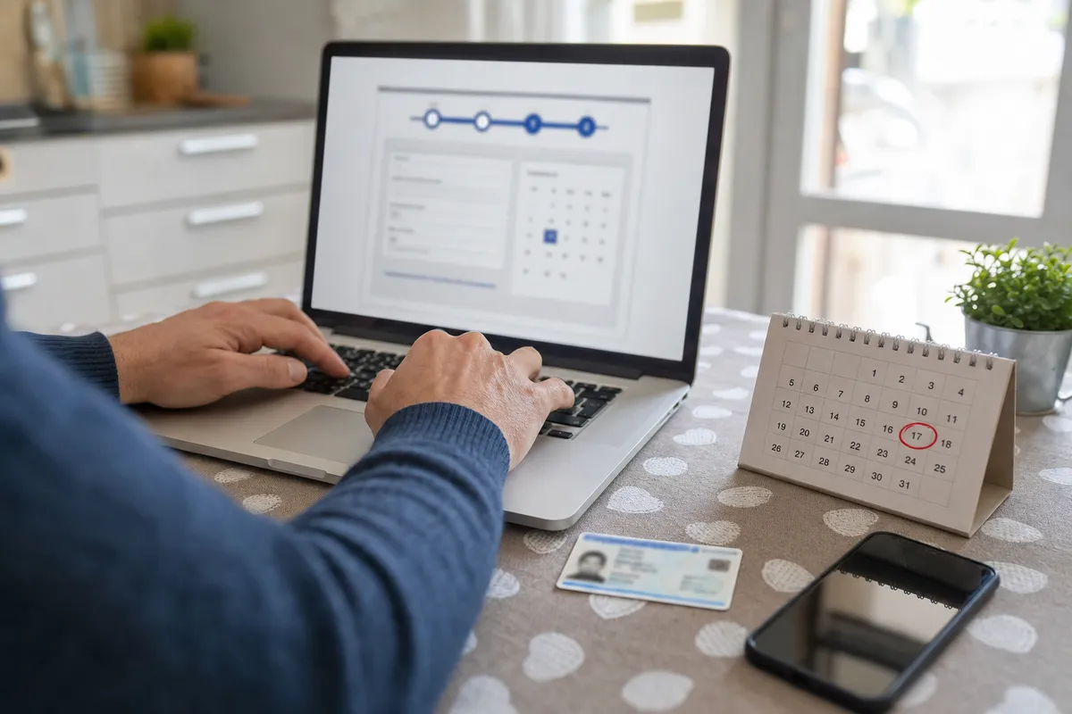 Mani che digitano su un laptop con modulo di prenotazione, accanto a calendario con data cerchiata, smartphone e carta