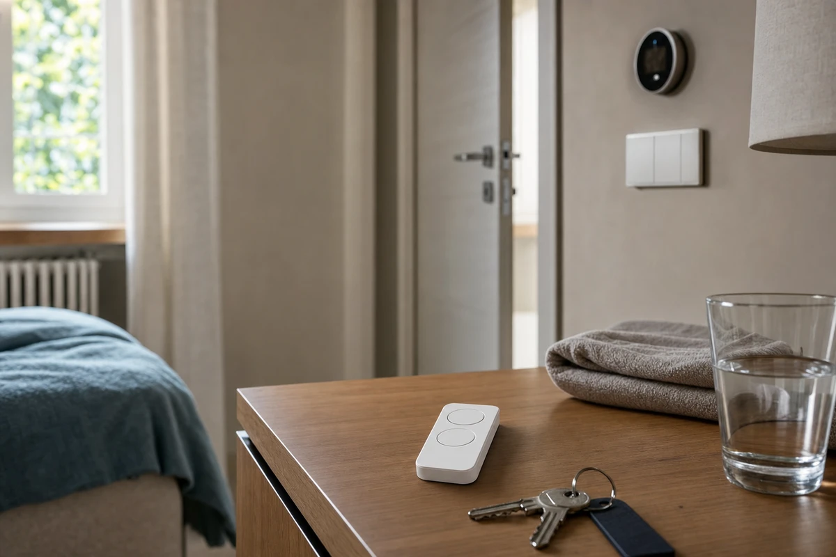 Telecomando bianco a due pulsanti su comodino con chiavi e bicchiere d’acqua, sullo sfondo termostato e interruttore