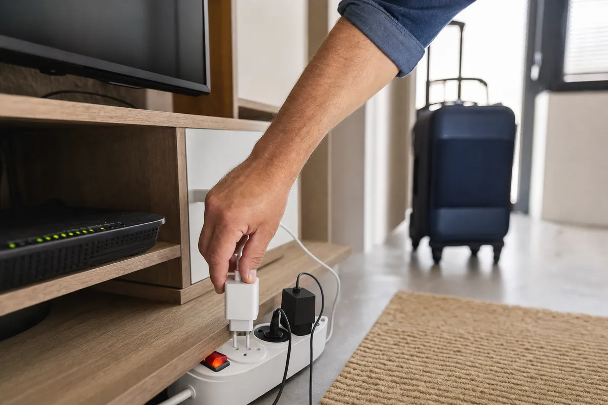Mano che stacca un caricabatterie da una ciabatta elettrica vicino al mobile TV, con valigia sullo sfondo