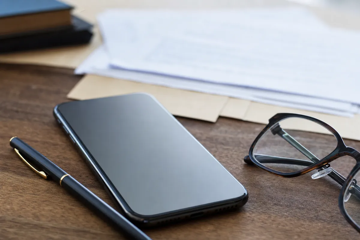 Smartphone con schermo spento su scrivania in legno accanto a penna, occhiali e documenti sfocati