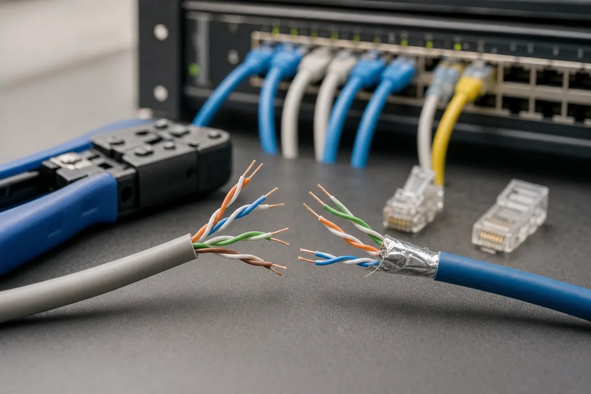 Due cavi Ethernet tagliati: uno non schermato e uno con schermatura in foglio, con tool e patch panel sullo sfondo