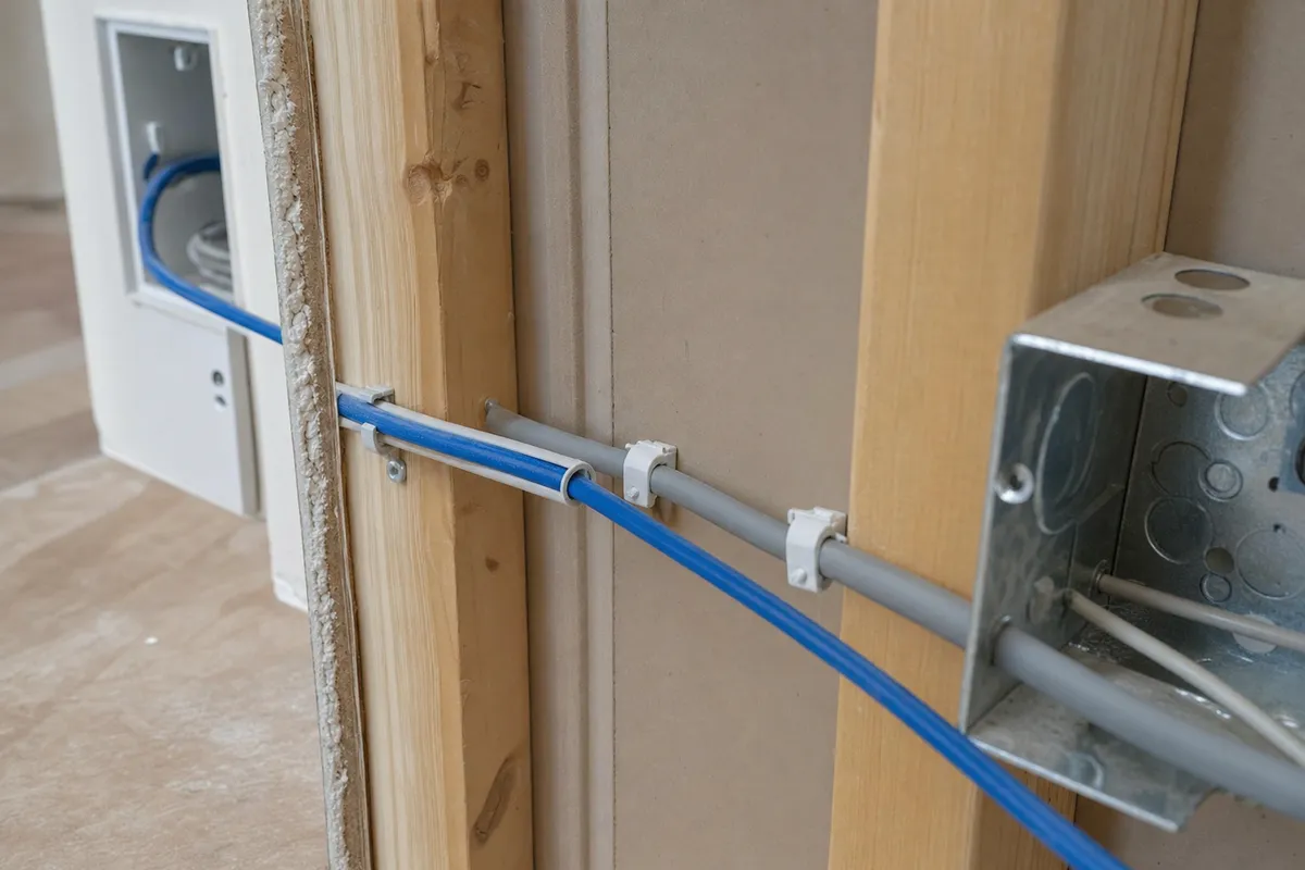 Cavo Ethernet blu e cavo elettrico grigio in canaline separate dentro una parete aperta, con scatola di derivazione