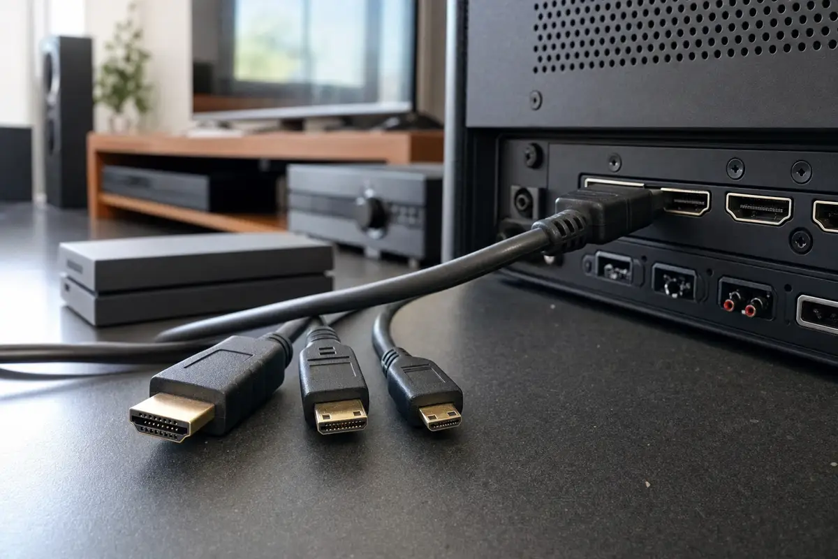 Connettori HDMI Type A, mini e micro su una scrivania accanto alle porte HDMI di un ricevitore