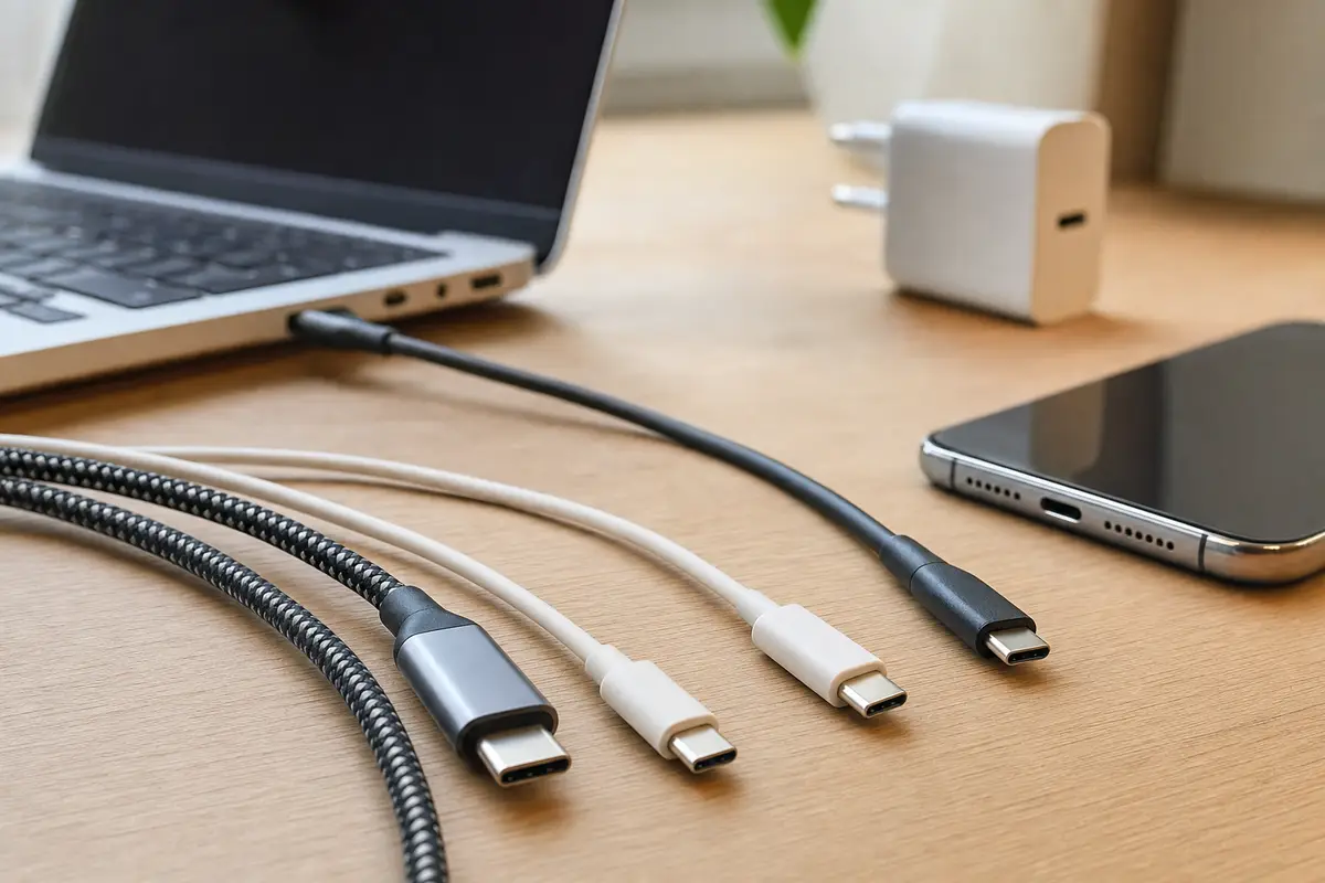 Connettori di cavi USB-C di diverso spessore su scrivania, con laptop, smartphone e caricatore sullo sfondo