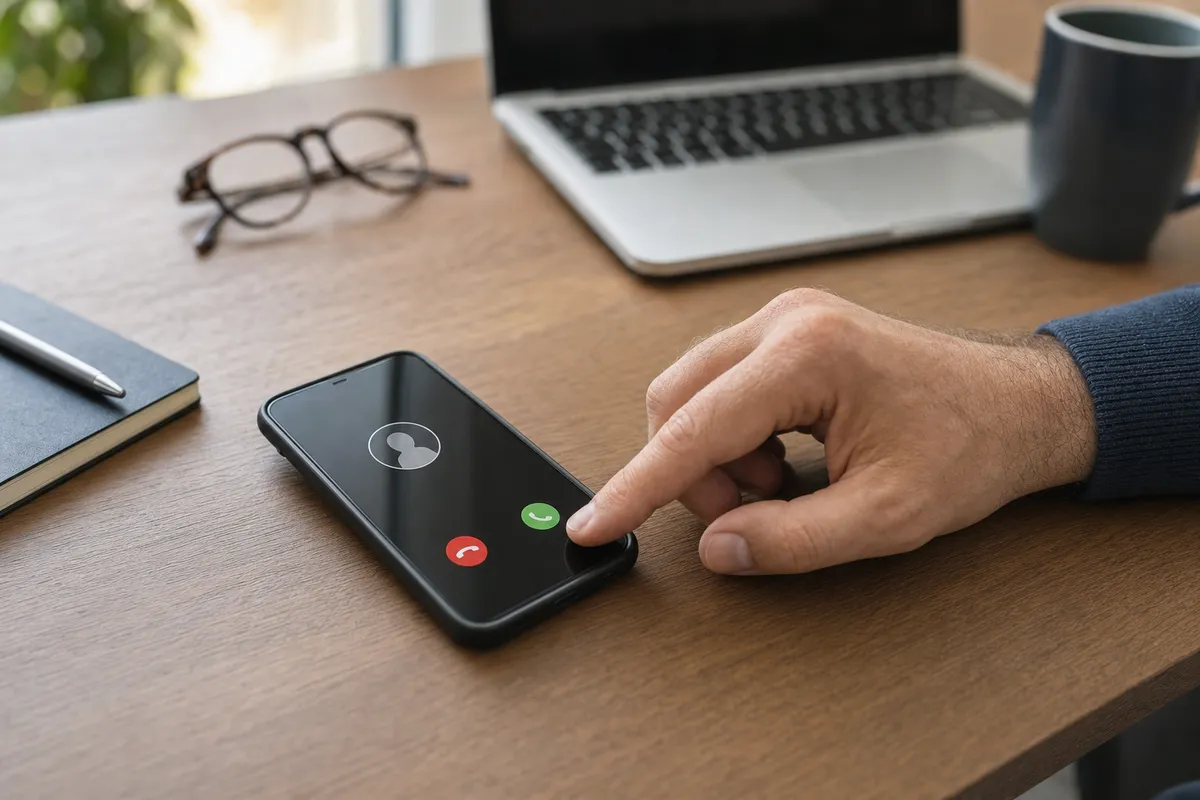 Mano che sta per rifiutare una chiamata in arrivo su smartphone appoggiato su una scrivania con laptop e tazza