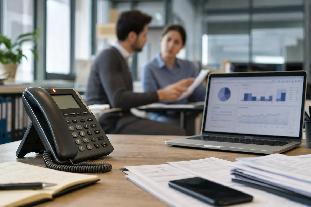 Telefono fisso che squilla su una scrivania con laptop con grafici, documenti e due colleghi sfocati sullo sfondo