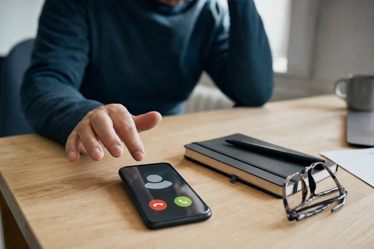 Smartphone sul tavolo con chiamata in arrivo e mano esitante, accanto a taccuino, penna e occhiali