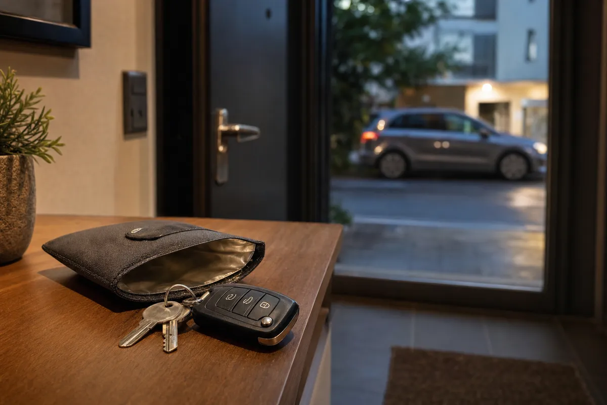 Telecomando keyless e chiavi su un tavolo vicino alla porta, accanto a una custodia schermante, con auto sfocata fuori