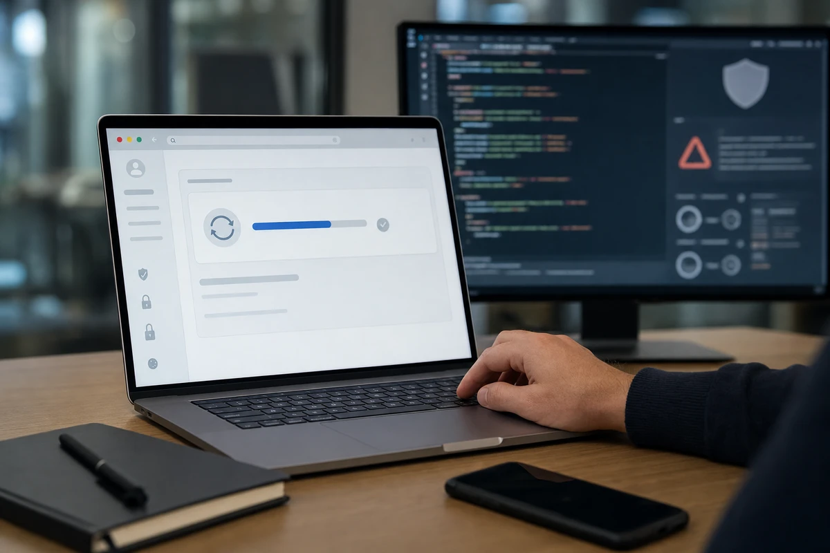 Mano su laptop con barra di aggiornamento del browser, monitor sullo sfondo con codice e avviso di sicurezza