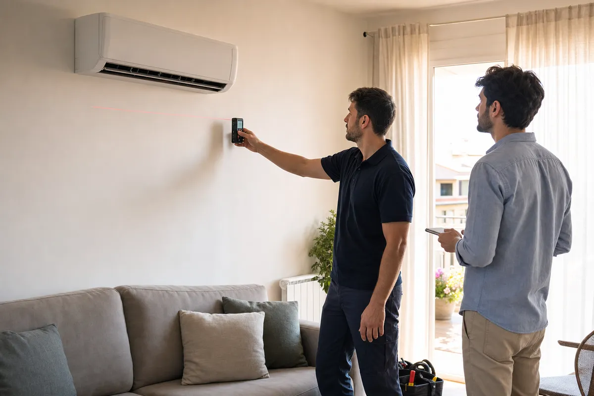 Tecnico HVAC misura la parete con un misuratore laser sotto uno split in soggiorno, con proprietario accanto