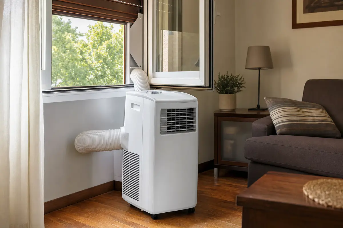 Climatizzatore portatile bianco con tubo di scarico collegato a una finestra aperta in salotto