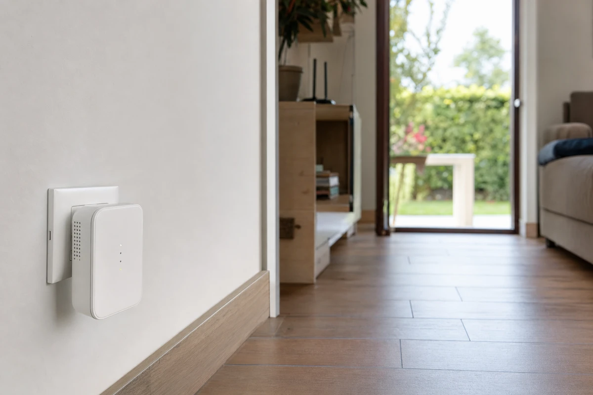 Ripetitore Wi‑Fi bianco inserito in una presa a muro in un corridoio, con porta finestra aperta verso il giardino