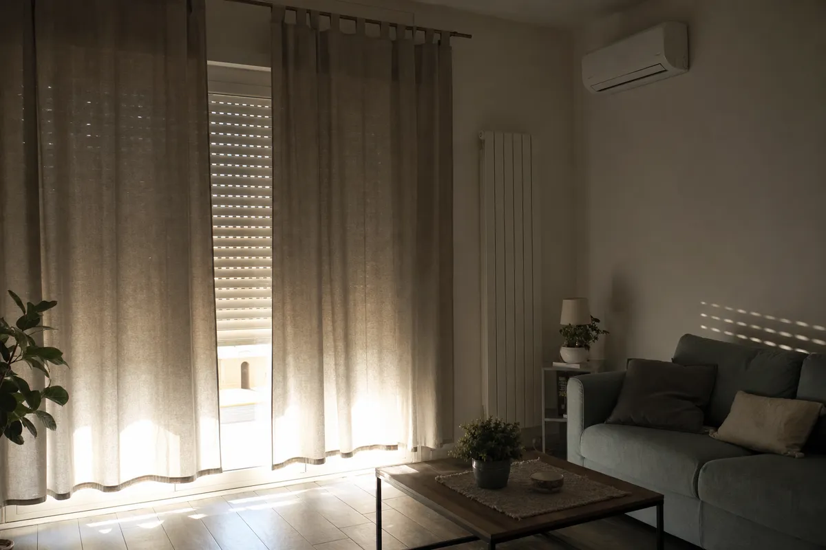 Soggiorno con tende chiuse, persiana abbassata e condizionatore a parete con luce filtrata dal sole