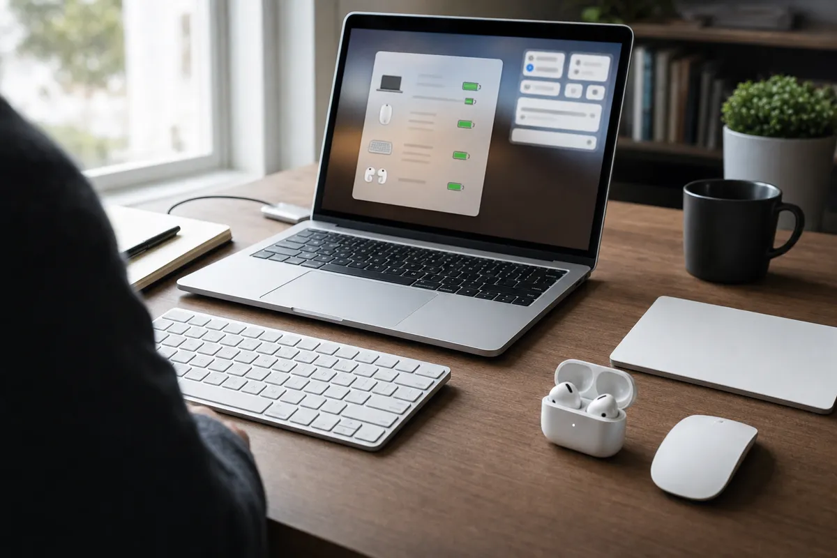 Laptop su scrivania con tastiera, mouse, trackpad e auricolari; sullo schermo icone di batteria degli accessori