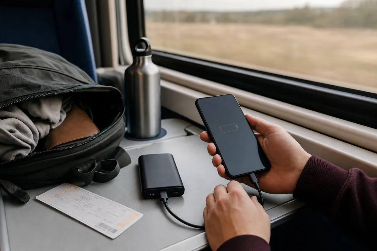 Smartphone collegato a un power bank su un tavolino del treno, con biglietto e borraccia vicino al finestrino