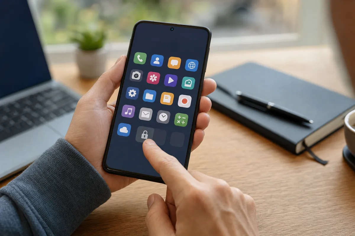Mano che usa uno smartphone con icone app e un riquadro con lucchetto su scrivania con laptop e taccuino sfocati