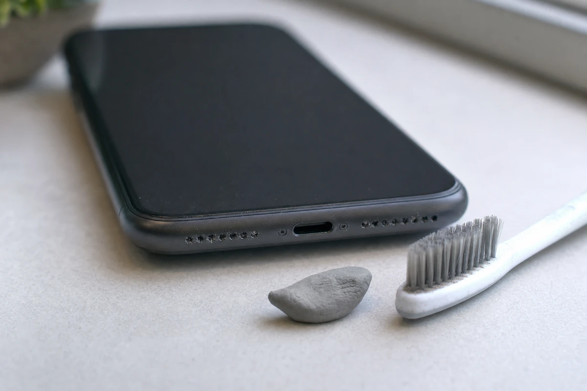 Smartphone su scrivania con griglia dell’altoparlante in primo piano, spazzolino morbido e masilla adesiva accanto