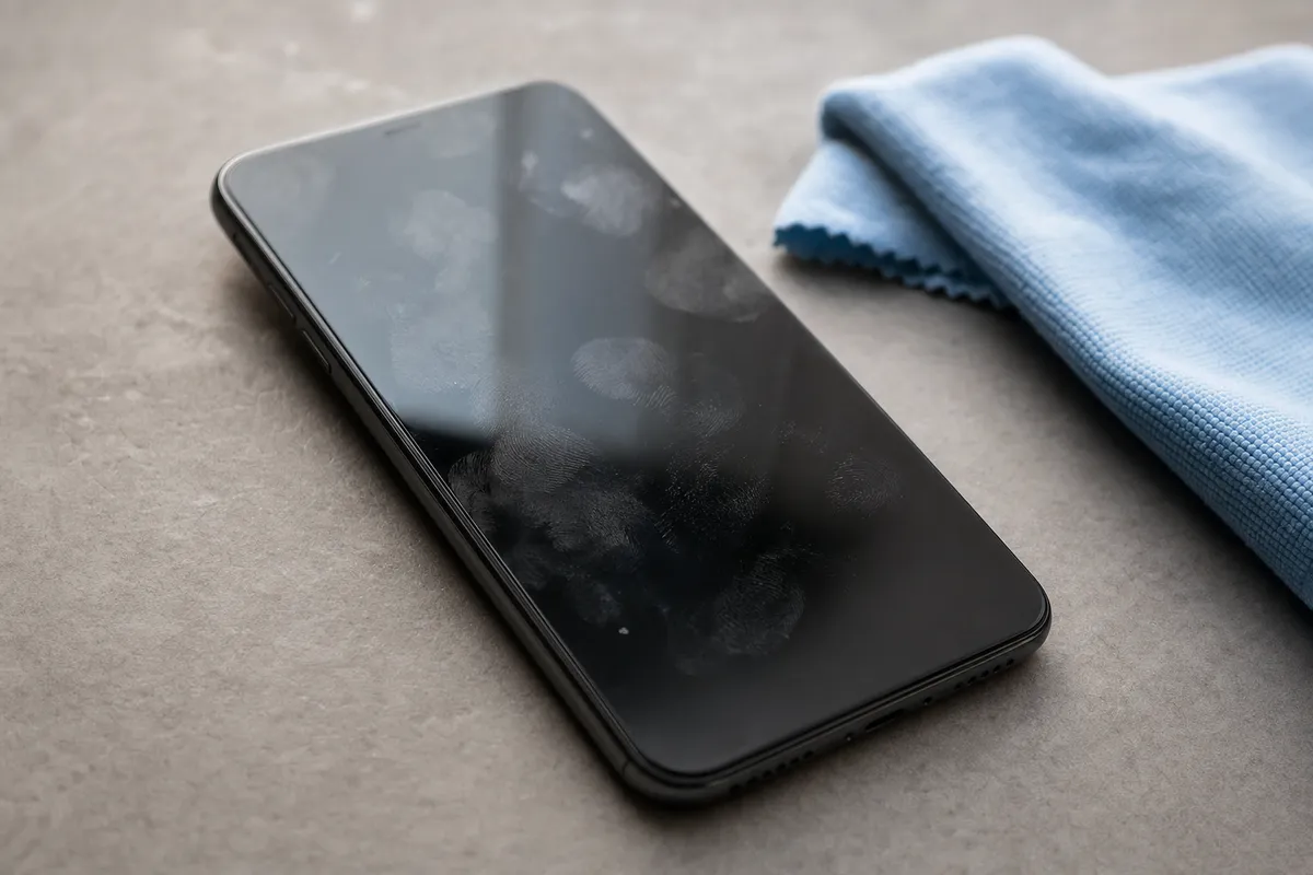 Smartphone con schermo spento pieno di impronte su un piano, con panno in microfibra azzurro accanto