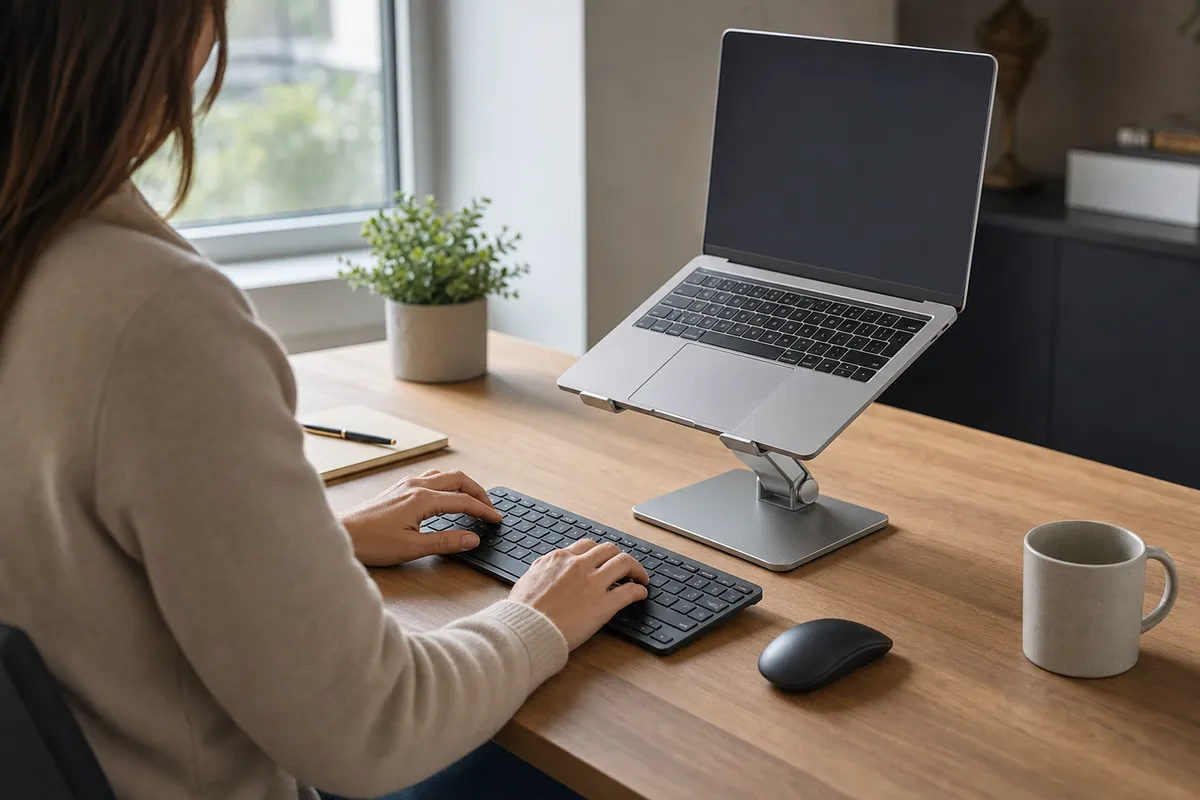 Persona alla scrivania con laptop su supporto regolabile, tastiera e mouse esterni, luce naturale dalla finestra