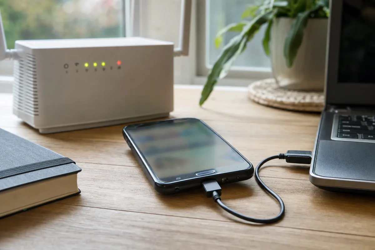 Smartphone collegato via cavo USB a un laptop su una scrivania, con router Wi‑Fi acceso sullo sfondo