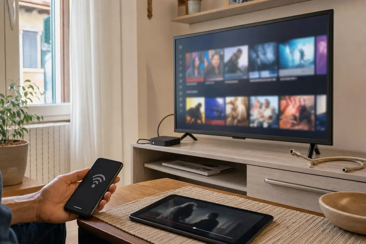 Soggiorno con TV su interfaccia streaming, TV box, cavo antenna scollegato e smartphone usato come hotspot