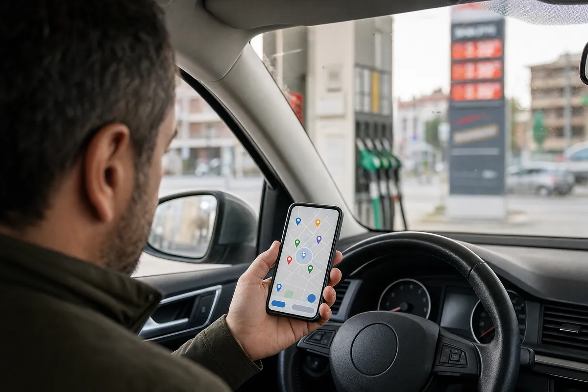 Automobilista in auto con smartphone che mostra una mappa con pin, davanti a un distributore di carburante sfocato