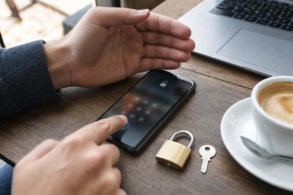 Mano che inserisce un codice su smartphone con icona lucchetto, accanto a laptop, caffè, lucchetto e chiave