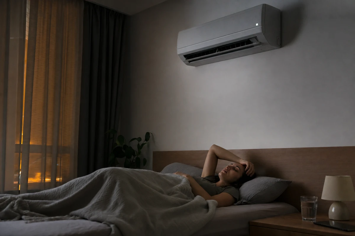 Condizionatore a parete acceso sopra il letto, persona sdraiata sotto un lenzuolo in una camera da letto di notte