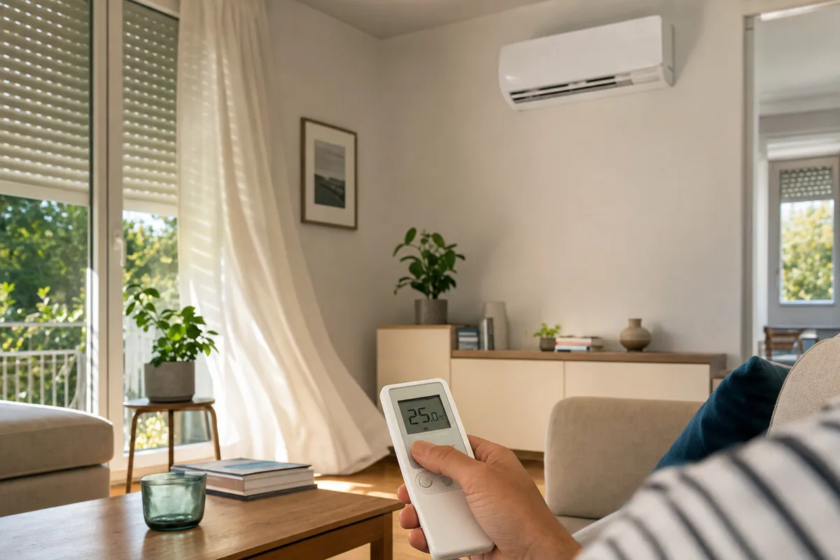 Mano che regola il telecomando del condizionatore a 25°C in un soggiorno luminoso con split a parete