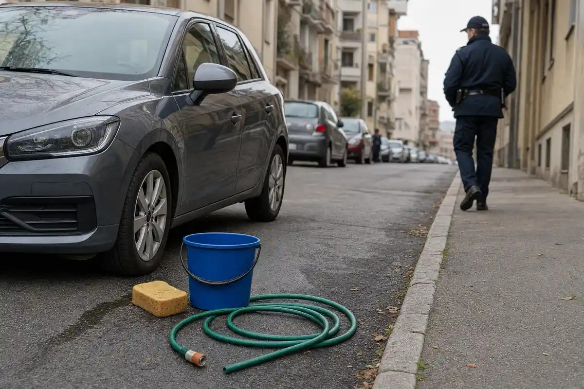 Auto parcheggiata con secchio blu, spugna e tubo dell’acqua sul bordo strada, agente della polizia locale sullo sfondo
