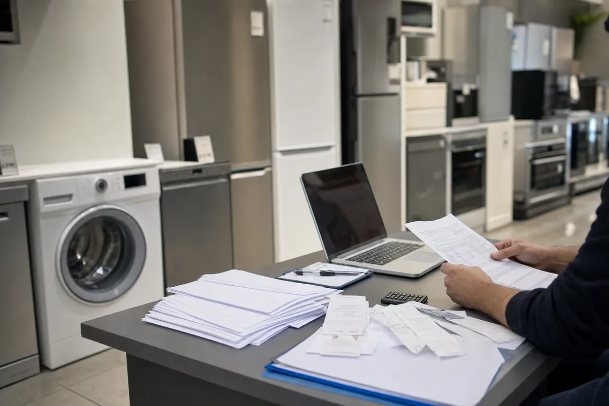 Mani di un addetto che controlla moduli e ricevute su una scrivania con laptop, in negozio di elettrodomestici