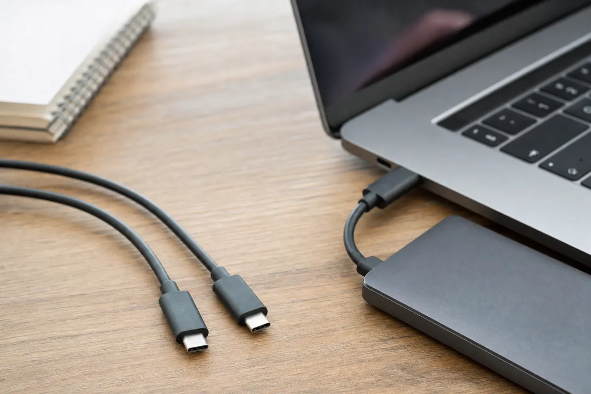 Due cavi USB-C identici su una scrivania, con un portatile collegato a un SSD esterno