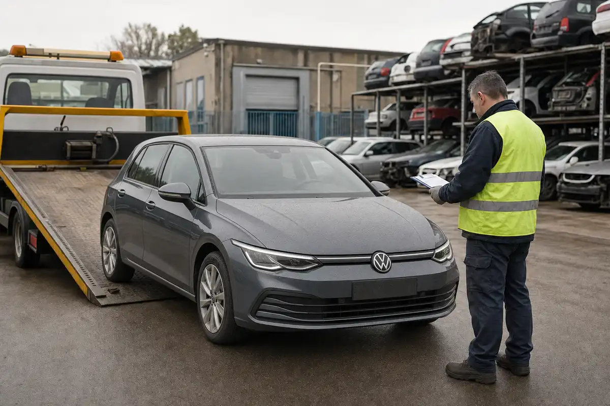 Auto grigia su carro attrezzi in un demolitore, con addetto in giubbotto alta visibilità e clipboard