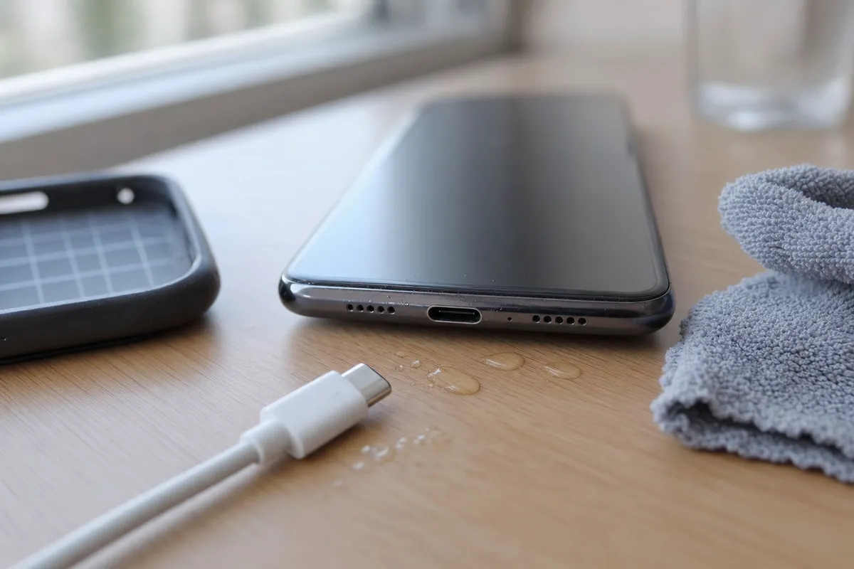 Smartphone con porta USB-C e cavo scollegato su scrivania, con piccole gocce d’acqua e panno in microfibra