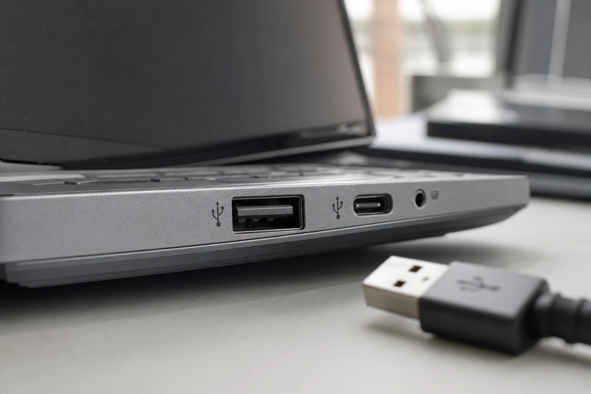 Primo piano di un portatile con porte USB-A e USB-C e simbolo USB a tridente inciso accanto alle prese