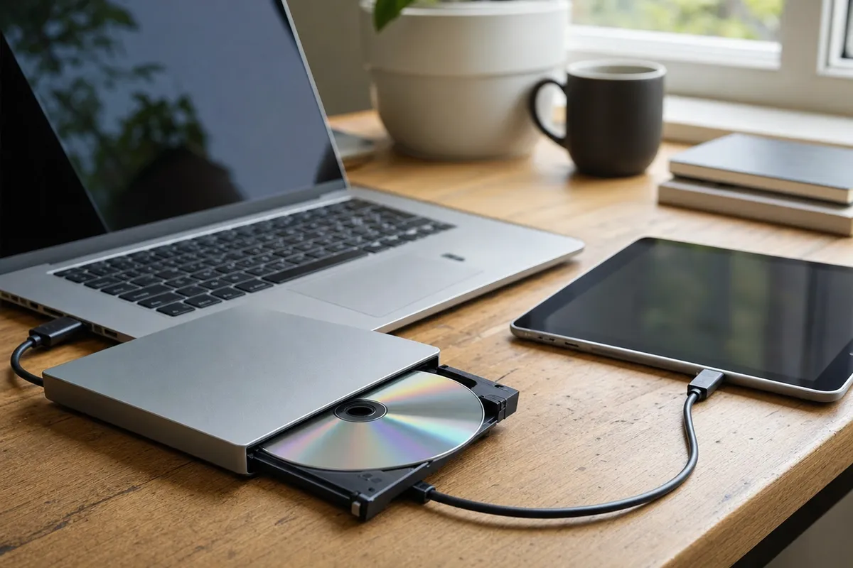 Laptop con lettore CD esterno USB e disco inserito, accanto a un tablet collegato con cavo su una scrivania