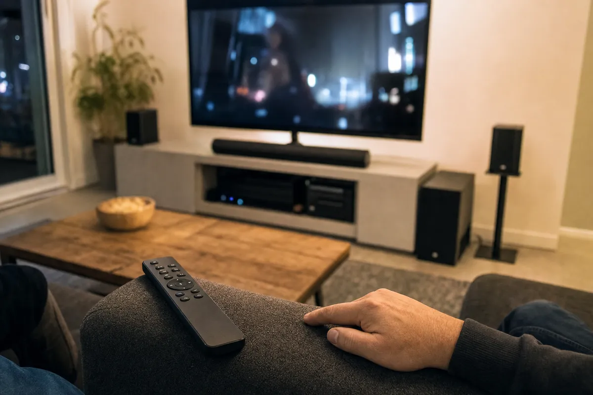 Telecomando sul bracciolo del divano e mano vicino, con TV sfocata e soundbar in un salotto con impianto audio