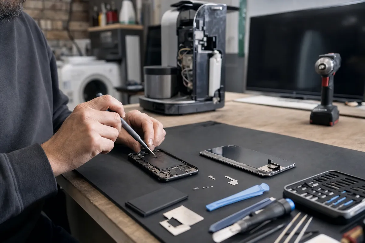 Tecnico ripara uno smartphone aperto su tappetino antistatico, con schermo e piccoli ricambi sul banco