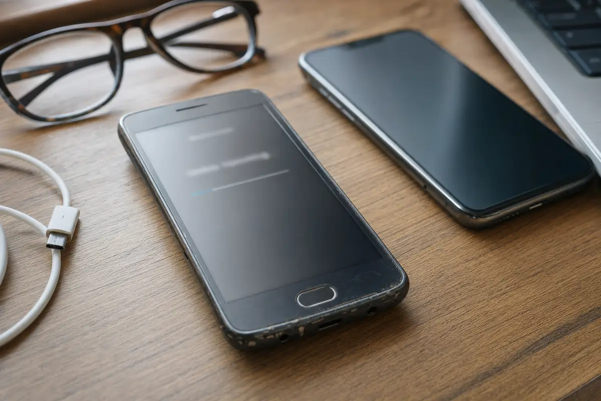 Vecchio smartphone usurato con schermata sfocata di aggiornamento accanto a un telefono più nuovo su una scrivania