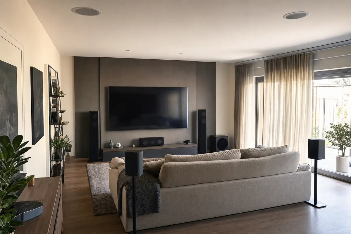 Soggiorno moderno con TV a parete, divano e impianto home theater con diffusori e casse a soffitto