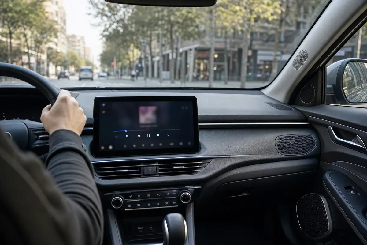 Abitacolo auto moderno con schermo infotainment musicale e griglie degli altoparlanti, visto dai sedili posteriori